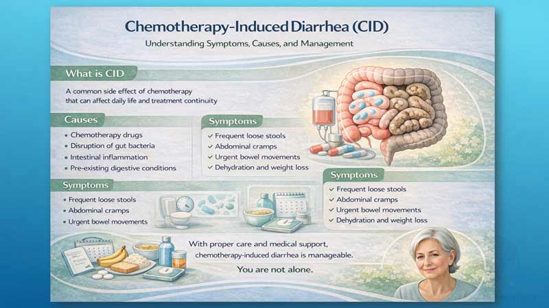 Chemotherapy-Induced Diarrhea (CID) : A Complete Guide to Management, Nutrition, and Daily Care 2 Educational infographic explaining chemotherapy-induced diarrhea (CID), including causes, symptoms, and basic management guidance.
