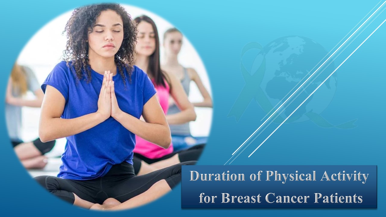 Women practicing yoga in a group session, with a highlighted focus on a young woman meditating in the foreground. The image includes a text overlay reading "Duration of Physical Activity for Breast Cancer Patients" on a blue background with a symbolic globe and ribbon.