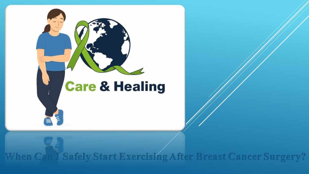 A calm woman leaning confidently against the Care & Healing logo, symbolizing support and guidance for when to safely begin exercising after breast cancer surgery.
