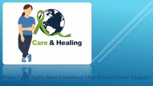 A calm woman leaning confidently against the Care & Healing logo, symbolizing support and guidance for when to safely begin exercising after breast cancer surgery.