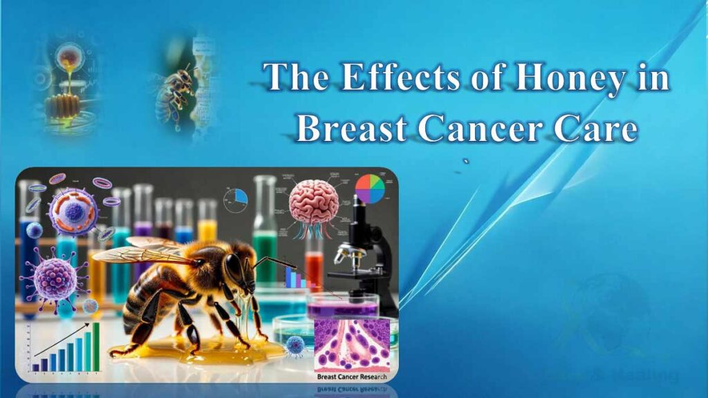 Scientific illustration showing honey and its potential role in supportive care for breast cancer patients