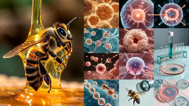 Honey and cancer research illustrated through laboratory and cellular imagery
